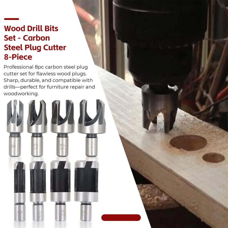 findmall 8Pcs Wood Plug Cutter Drills Bit Set (5/8", 1/2", 3/8", 1/4") Straight and Tapered Taper, Carbon Steel Woodworking Cutting Tool - Image 2